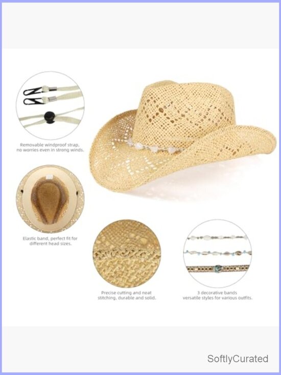 Straw Cowboy Hat with 3 Bands - Unisex Western Sun Hat main image 5
